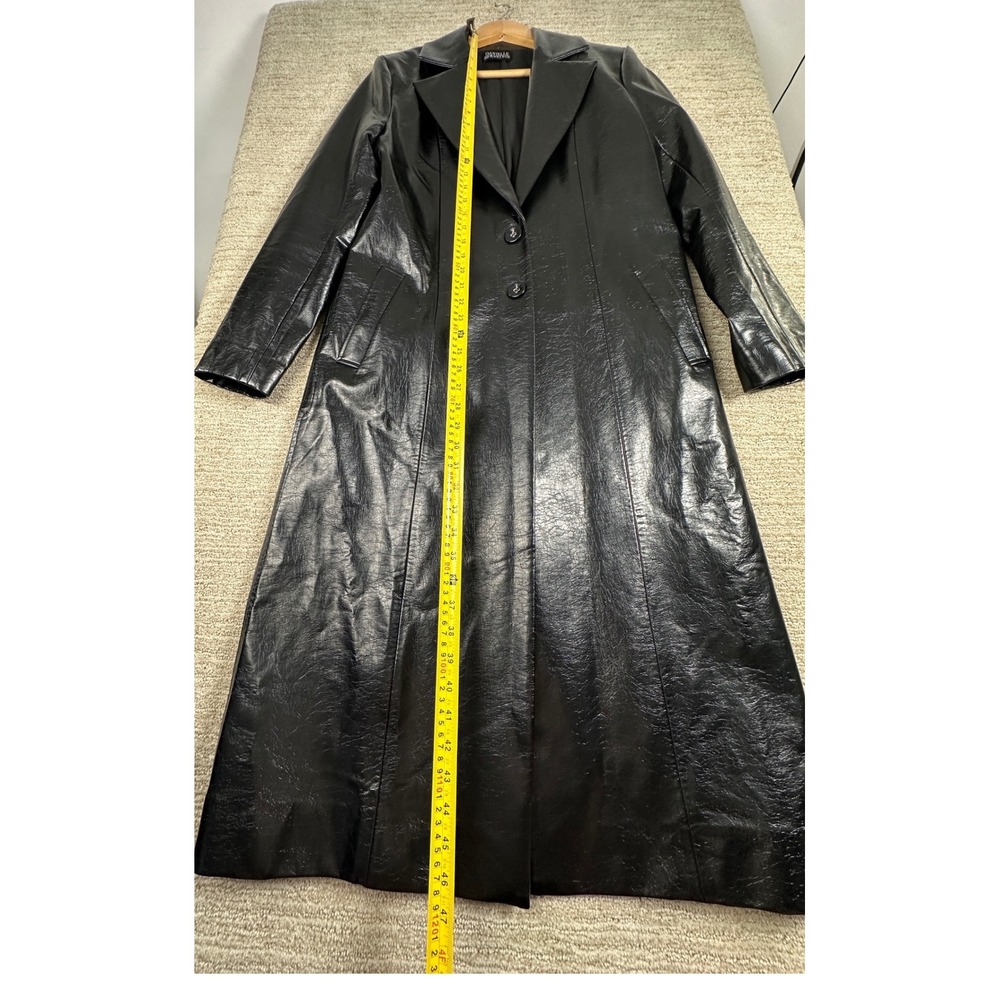 Danielle Bernstein Black Faux Leather Trench Coat Long Jacket Textured Vegan M - Picture 3 of 13